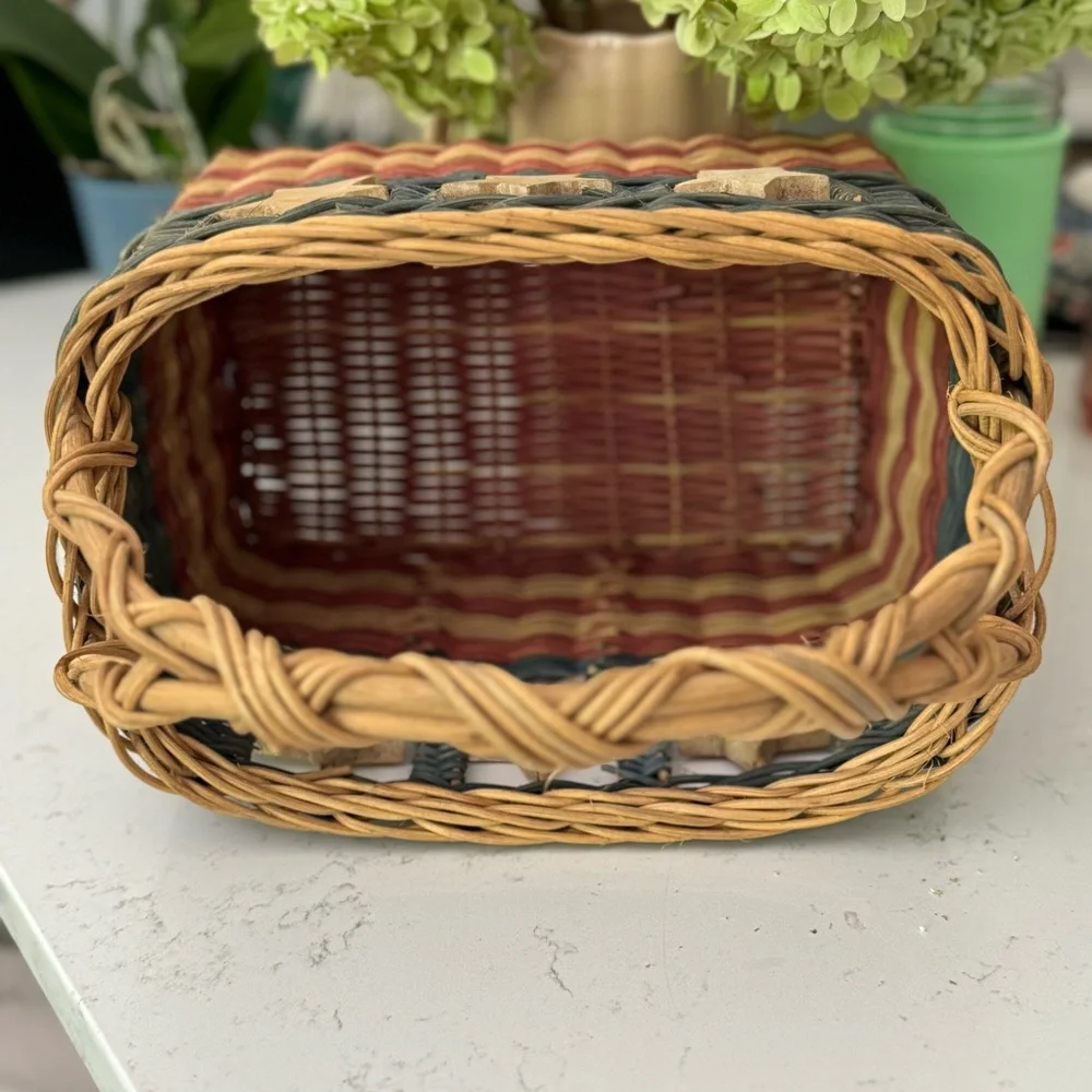 Vintage Basket Tied Hanging Wooden Stars 11” x 8”x 12”H w/ handle 4th of July